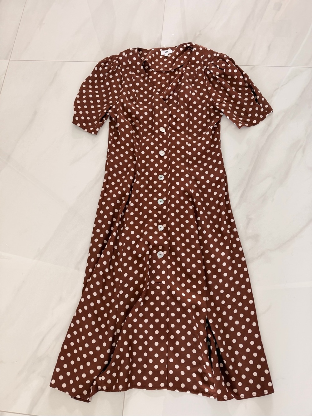 NEVER WORN**LPA Brown and White Polka Dot Wrap Midi Dress - Picture 4 of 13